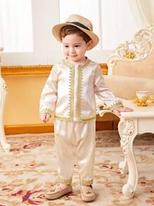 SHEIN Baby Boys' Satin Panel & Woven Tape Decor Long Sleeve Top And Pants Set