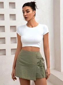 SHEIN Essnce Pantalones cortos informales color verde militar con cordón en la cintura - Verde militar - Ver 5