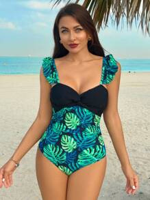 SHEIN Swim Traje de baño de una pieza con estampado de plantas para mujeres en verano - Negro - Ver 7