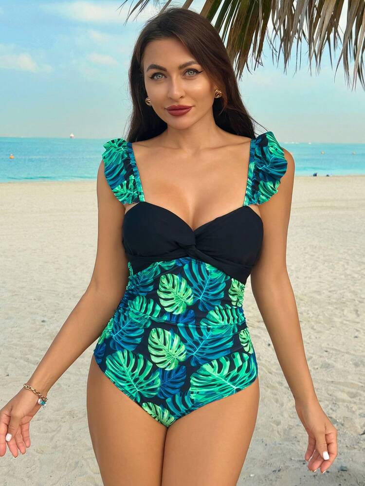 Summer Women'S One-Piece Swimsuit With Plant Print
