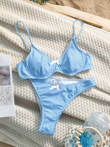 Swim Mod Summer Beach Women's Checkered Two Pieces Bikini Set With Bow Decoration - Blue - View 5