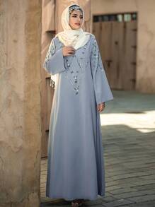 Al Najma Diamond Decorated Bell Sleeve Dress Kaftan Jalabiya Dress - Baby Blue - View 3