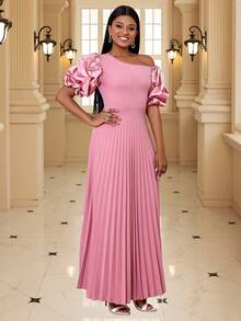 Vai xiên Thon gọn Ngắn tay Xếp li Đầm - Hồng - Xem 4