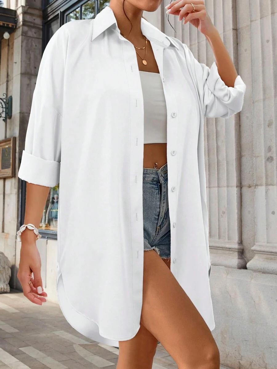 Women's Solid Color Oversized Drop Shoulder Shirt,Long Sleeve Tops - White - View 1