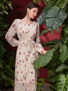 Modelyn Vestido largo de manga larga con estampado floral, vestido de noche largo para mujeres en otoño