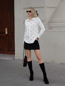 SHEIN Essnce Women's Bird Print Full Sleeve Shirt - Black and White - View 7