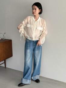 FRIFUL Ladies' Drawstring Long Sleeve Sheer Baseball Collar Jacket,Fall Women Clothes