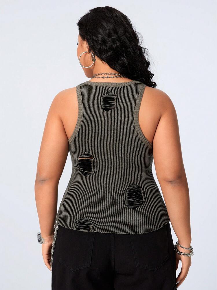 Plus Size Street Style Casual Distressed Washed Ripped Knitted Tank Top