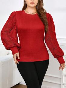 SHEIN Privé Kích thước lớn Thanh lịch Ren Nối Áo thun - Đỏ - Xem 6