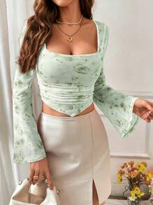 SHEIN Privé Women's Floral Printed Asymmetric Hem Bell Sleeve T-Shirt - Mint Green - View 1