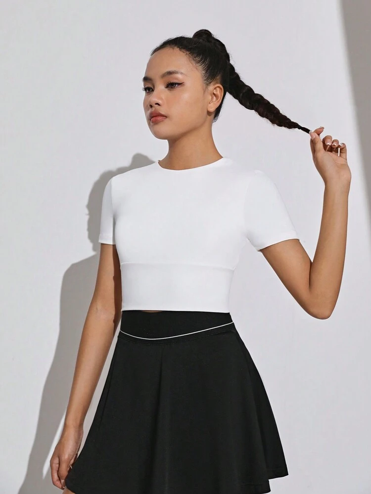 Teen Girls' Knitted Solid Color Back Crossed Hollow Out Sports Short Sleeve T-Shirt