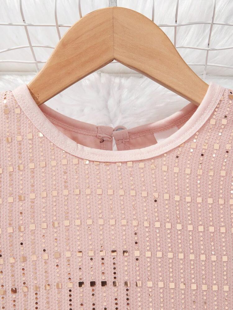 Young Girl A-Line Dress With Ruffled Elastic Sleeves, Inner Lining And Sparkly Decor For Summer