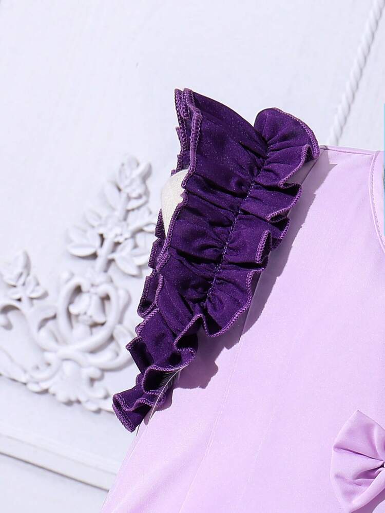 Tween Girls' Color Block Dress With Frill Trim And Bow Decor