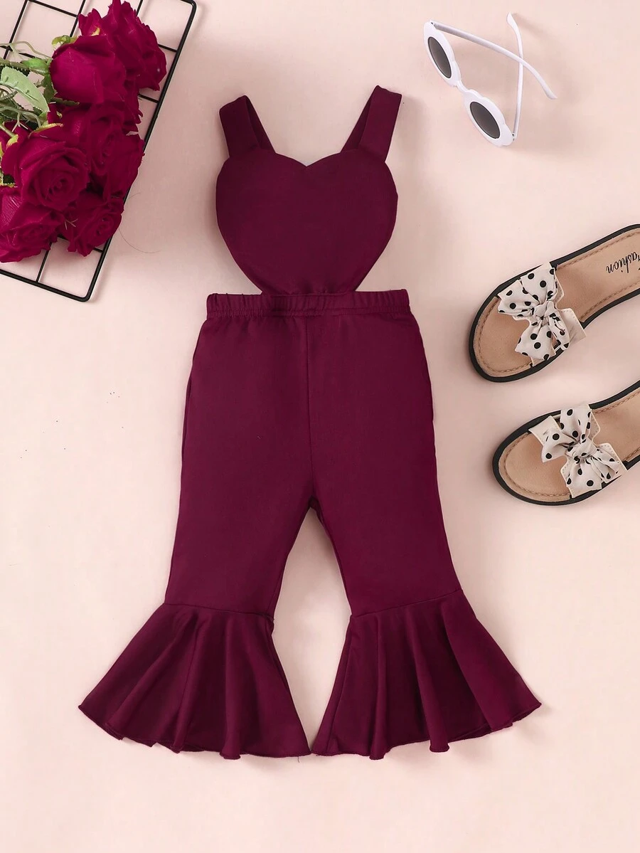 Jumpsuit Bayi Perempuan Criss Cross Memotong Ruffle Hem Plain - Burgundy - View 1