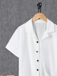 SHEIN Cậu bé Tween Lỏng lẻo Nhà thoải mái Dệt kim Dệt hoa Ngắn tay Áo sơ mi Với Vòng cổ - trắng - Xem 11