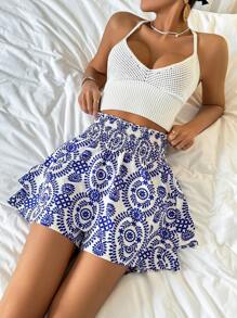 SHEIN LUNE Pflanzengedruckte High-waist-wrap-skorts Für Frauen - Blau - Übersicht 1