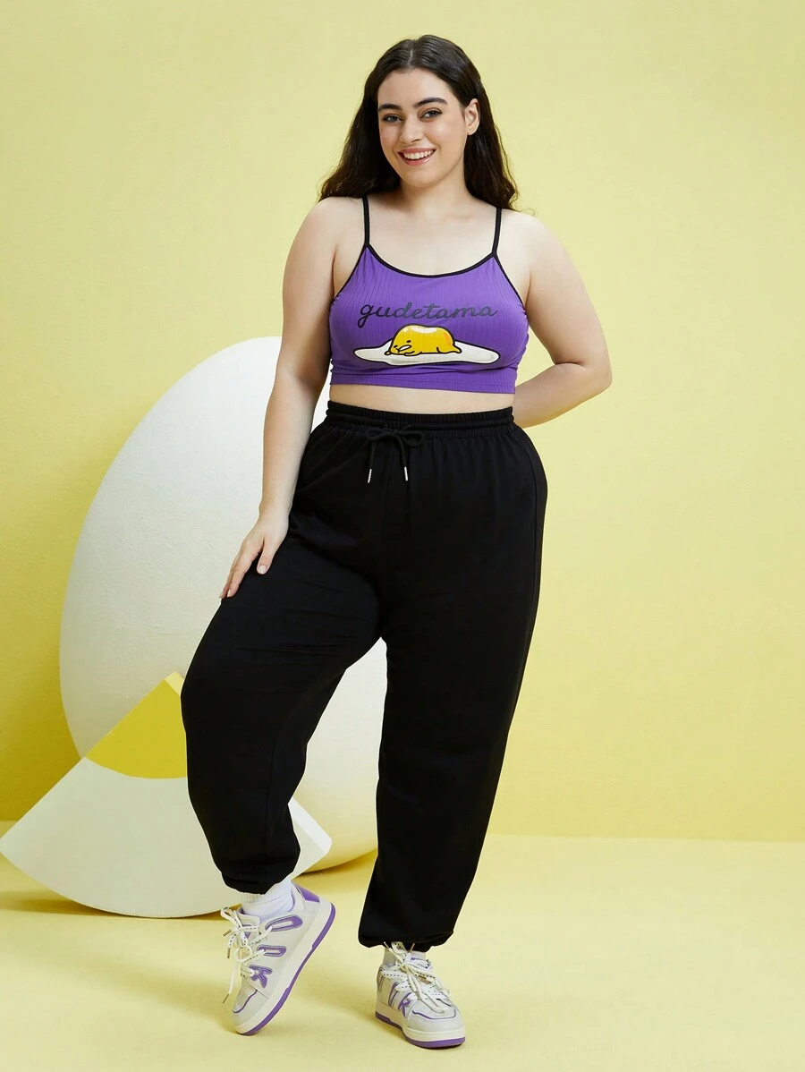 Gudetama X SHEIN Hơn Đồ họa Hoạt hình Cami ngọn & Chạy bộ - Màu tím hoa cà - Xem 1