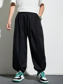 SHEIN 青春期男孩的休閒和假日風格宽松实色慢跑褲,带有斜口袋和袖口 - 黑色 - 查看 5