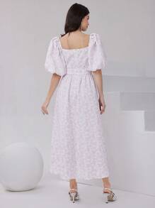 Modelyn Jacquard Square Neckline Puff Sleeve Dress Long Evening Dresses - Mauve Purple - View 2