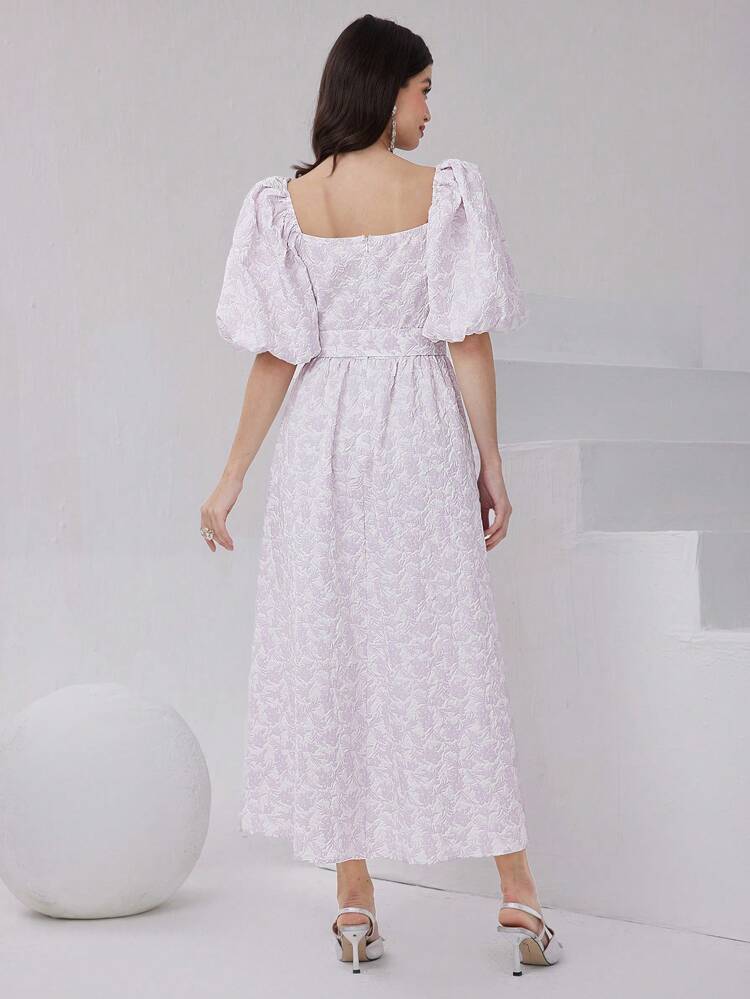Jacquard Square Neckline Puff Sleeve Dress Long Evening Dresses
