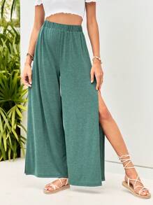 SHEIN VCAY 度假針織側開衩女士寬褲 - 綠色 - 查看 6