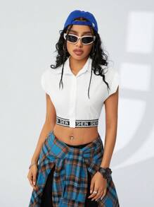 SHEIN EZwear Women's Very Short Sleeve Lettter Print Elasticated Hem Crop Top