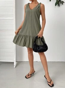 SHEIN Essnce 女士夏季休閒度假灰綠色v領a字型無袖裙 - 軍綠色 - 查看 6