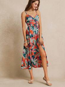 Poéselle 夏季植物印花高开叉细肩带连衣裙碎花连衣裙适合海滩度假和日常穿着乡村音乐会服装