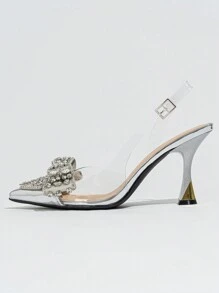 Women's Rhinestone Bowknot Decor Pointed Toe Stiletto High Heel Pvc Shoes For Elegant & Charming Party And Dancing Valentines