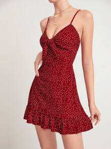 Soleia Knotted Polka Dot Ruffle Hem Cami Dress - Burgundy - View 4