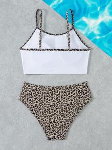 Teen Girls' Leopard Print & Character Print Splice Cami Triangle Bikini Set - Multicolor - View 2
