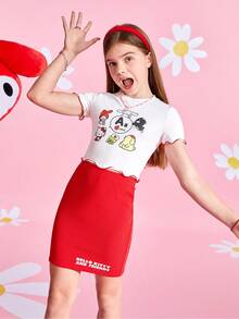 HELLO KITTY AND FRIENDS | SHEIN Chica Pre-adolescente Letra Y Gráfico De Dibujos Animados En Contraste Camiseta Con Ribete De Lechuga & Falda - Rojo y blanco - Ver 5