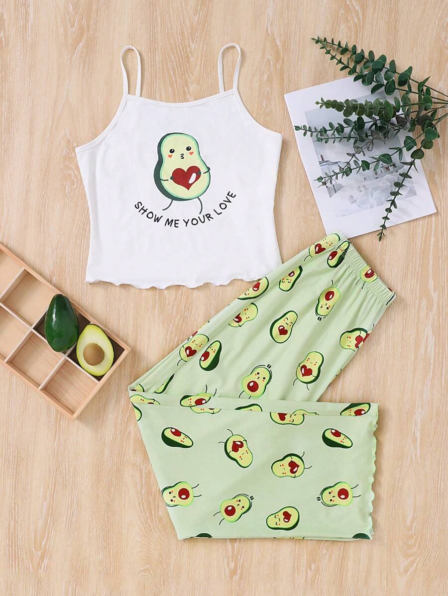 SHEIN Teen Girls' Knitted Cute Avocado Pattern Tank Top And Wave Edge Pants Homewear Set - Multicolor - View 1