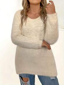 Calvaya Große Größe Pullover mit Einfarbig Strick Drop Shoulder Stufensaum,