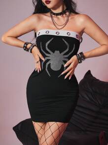 ROMWE Grunge Punk Vestito Aderente Senza Spalline Da Donna Con Rivetti In Metallo, Strass E Disegno Di Ragno