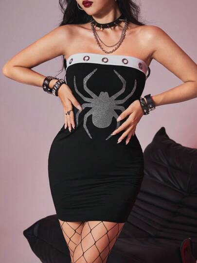 Grunge Punk Robe Moulante Femme Sans Bretelles Avec Des Rivets En Métal, Des Strass Et Une Conception D'araignée