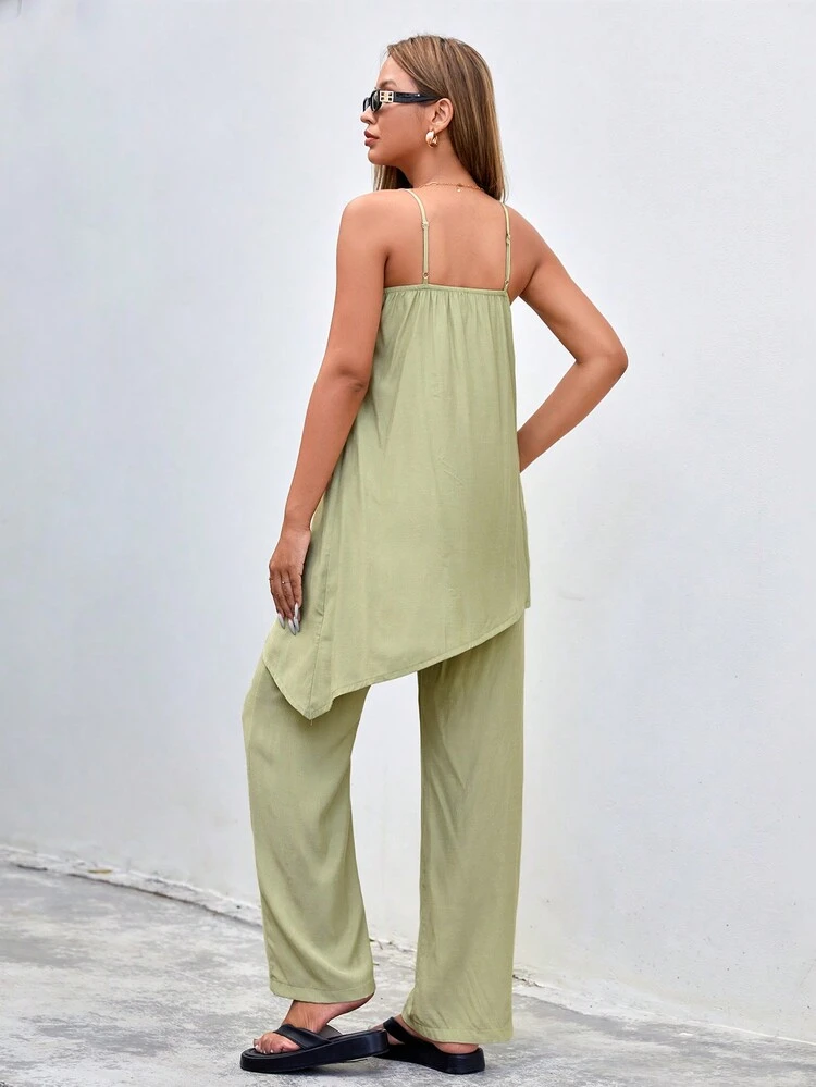 Solid Color Asymmetrical Hem Camisole Top And Straight Pants Two Pieces Set