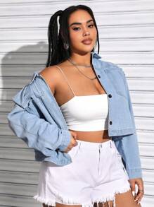 CovetEZ Plus Size Short Cut Denim Jacket With Drop Shoulder - Blue - View 5