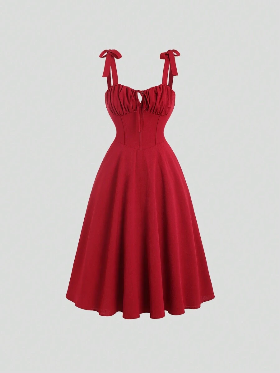 Sweetra Solid Color Lace Up Backless Cinching Waist Cami Dress Burgundy Color Women Outfit - Burgundy - View 1