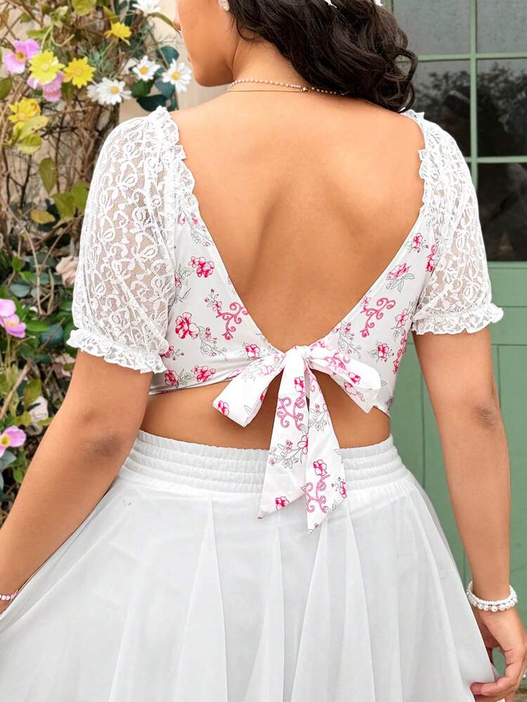 Plus Size Women's Lace Panel Floral Print Shirt