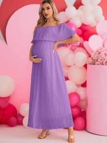 SHEIN Maternity Solid Off-Shoulder Ruffle Trim Dress - Mauve Purple - View 4