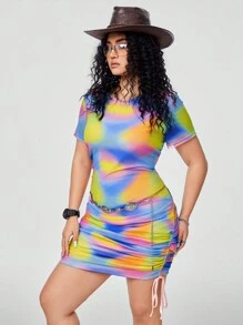 SHEIN EZwear CURVE 大尺碼短袖緊身褶皺迷你裙 - 彩色 - 查看 4
