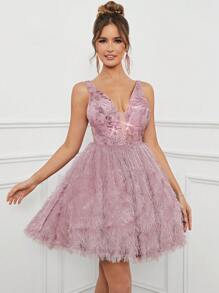 SHEIN Belle Elegante y espectacular vestido corto de tul con cuello en V de mujer con cuentas, encaje elástico y aplicaciones de lentejuelas, tela especial con diseño en línea A, adecuado para fiestas, bodas, vacaciones y ocasiones especiales como cumpleaños, graduación, baile de bienvenida o cóctel - Rosa - Ver 7