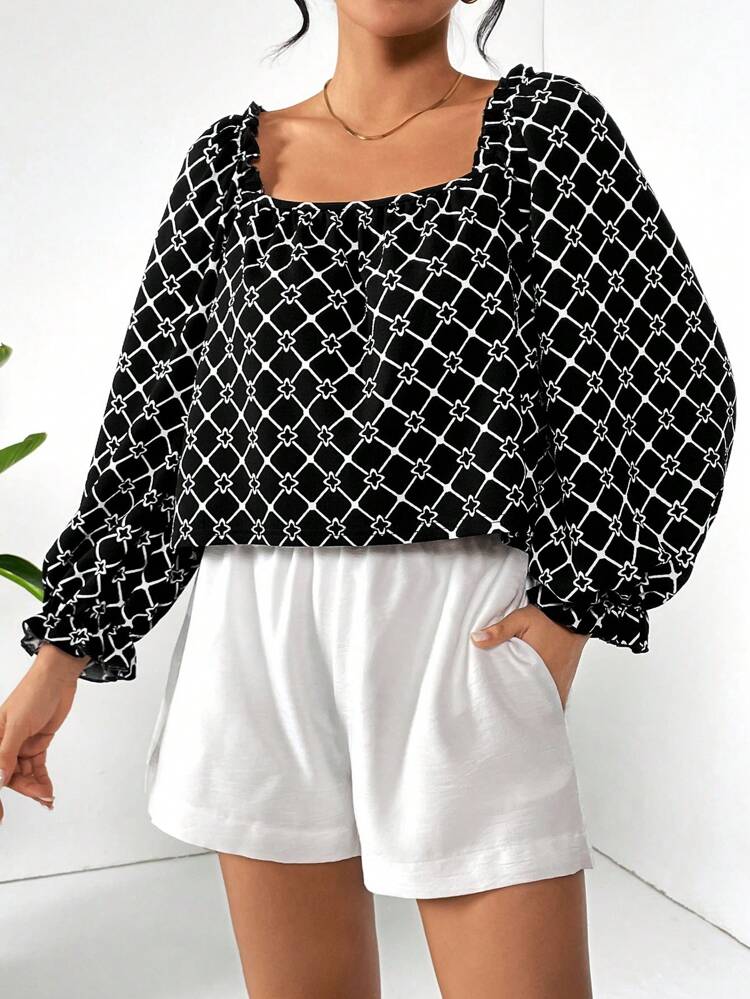 Women's Diamond Grid Star Printed Square Collar Puff Sleeve Shirt And High Waist Wide Leg Shorts Two Pieces Set #Easter