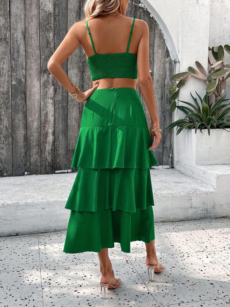 Women's Solid Color Spaghetti Strap Tank Top And Multi-Layer Ruffle Hem Skirt Set