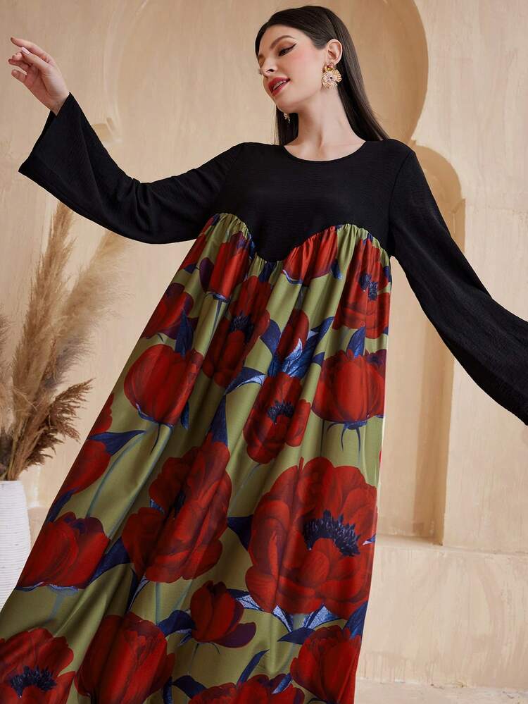 Patchwork Floral Print Loose Fit Round Neck Dress