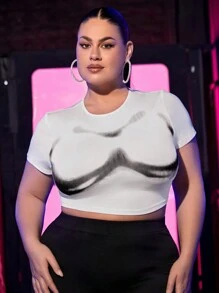SHEIN SXY Plus Size Tight Fit Short Length Body Printed T-Shirt - White - View 5