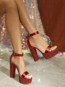 女式時尚高跟鞋,具有防水平台和後帶設計 - 紅色 - 查看 1
