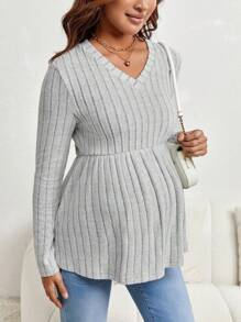 SHEIN Thai sản Đồ đan Ribbed Xoay eo Áo thun - Xám - Xem 6