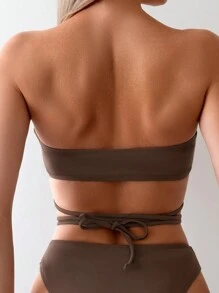 SHEIN Swim Ladies' Plain Color Swimwear Set Bathing Suit For Summer Beach - Coffee Brown - View 3